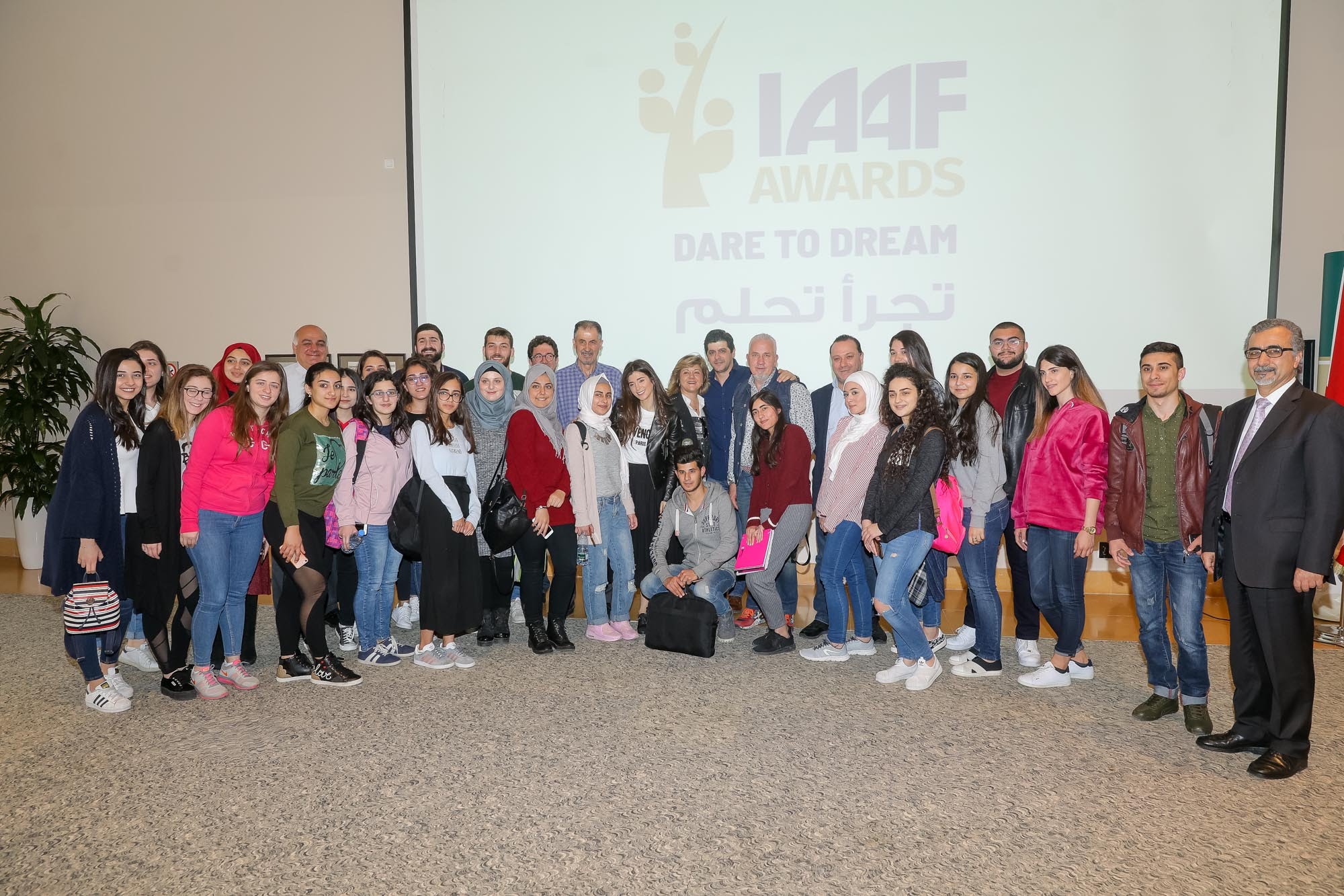 the lau byblos students with mrs inas al jamakani and celebrity guest speakers tony issa and bassam abou zeid 