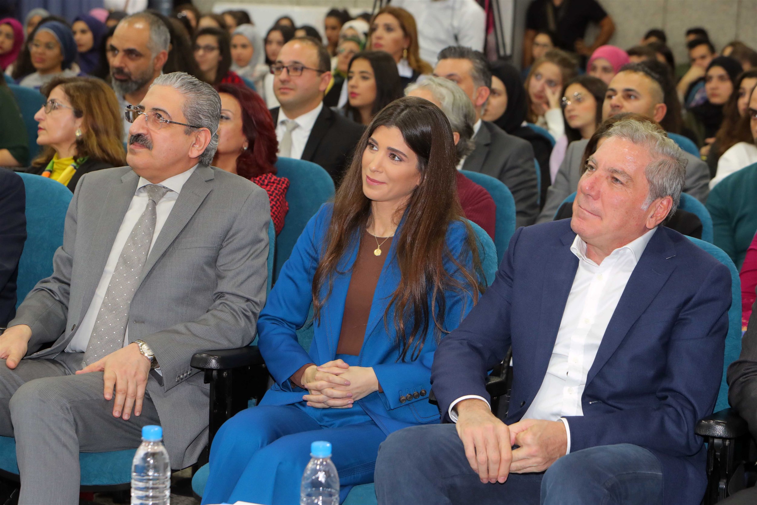 the president of the lebanese university professor fouad ayoub with mrs. inas al jarmakani and the director of mbc media group mr. ali jaber, as members of the jury at the ceremony held in the central administration center of the lebanese university.